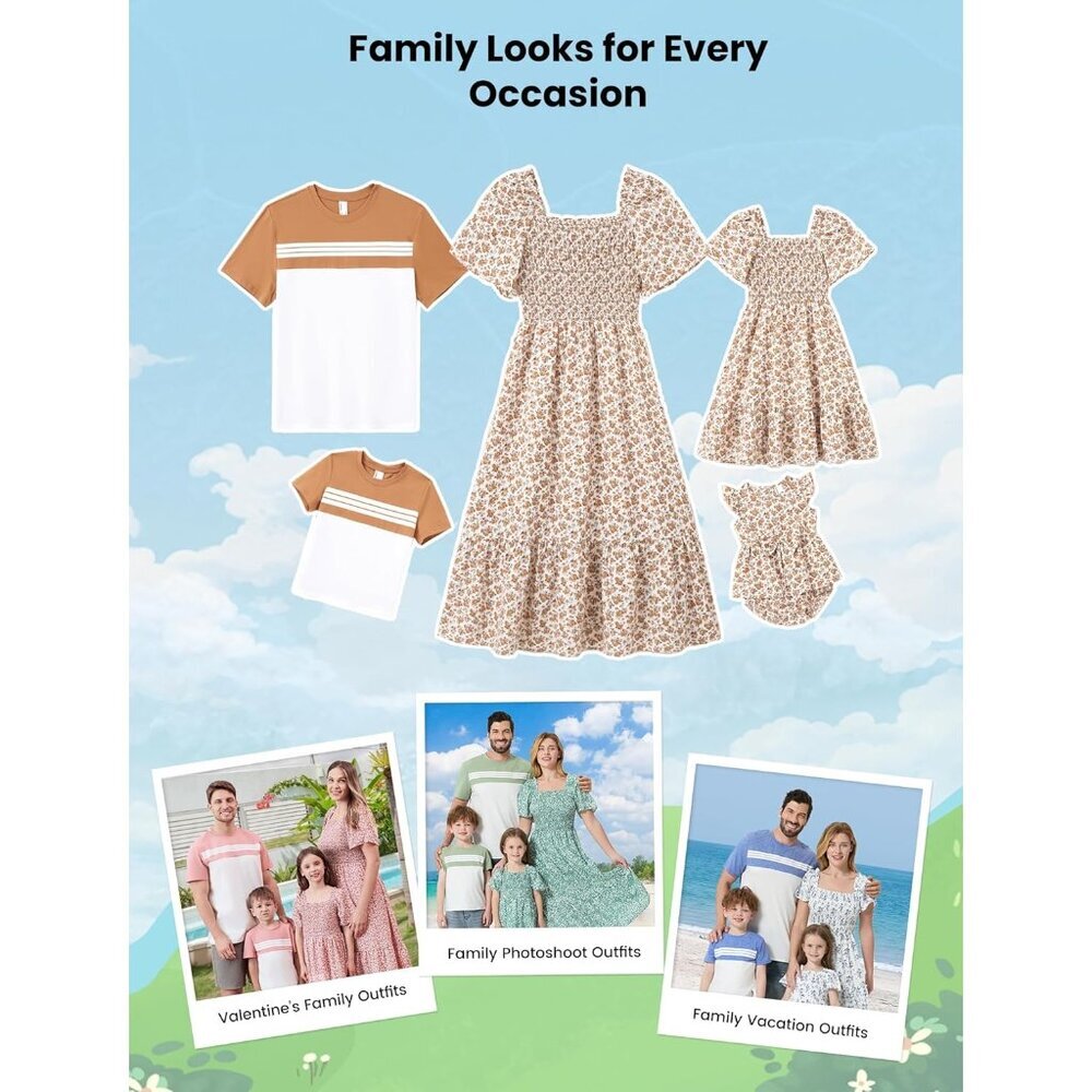 Family Matching Outfits Boho Floral Dress and T-Shirts Set for All Ages - Picture 2 of 6
